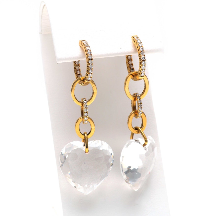 18K Yellow Gold 1.10 CTW Diamond and Clear Quartz Heart Dangle Earrings