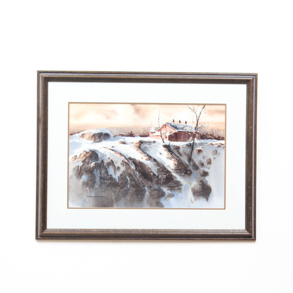 Robert Brubaker Watercolor Winter Barn Scene