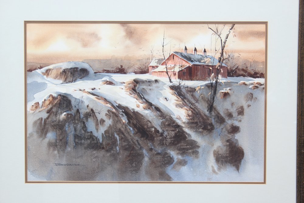 Robert Brubaker Watercolor Winter Barn Scene