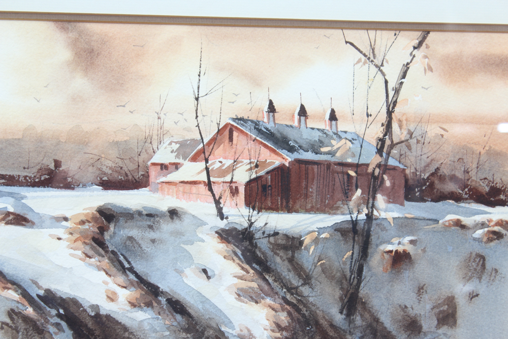 Robert Brubaker Watercolor Winter Barn Scene