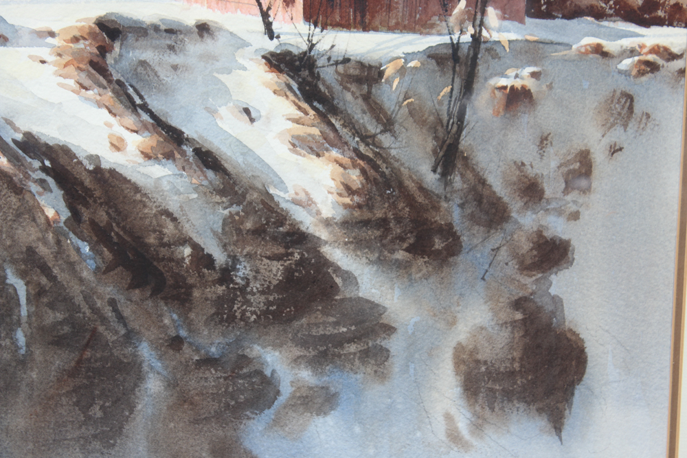 Robert Brubaker Watercolor Winter Barn Scene