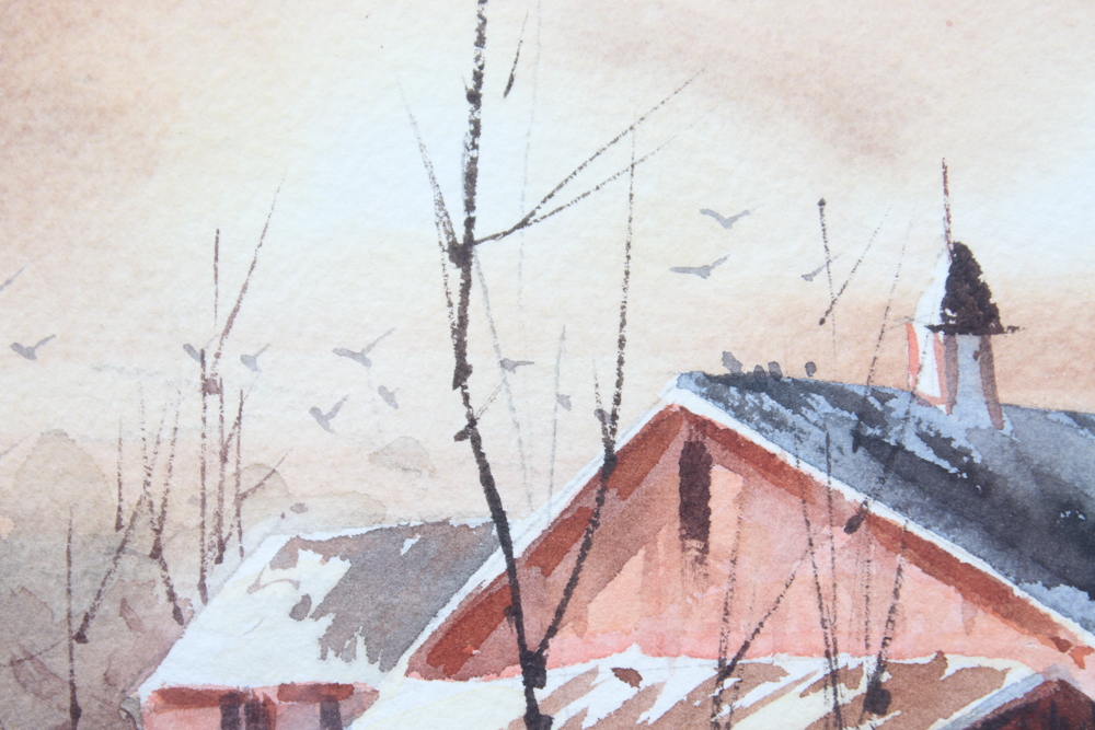 Robert Brubaker Watercolor Winter Barn Scene