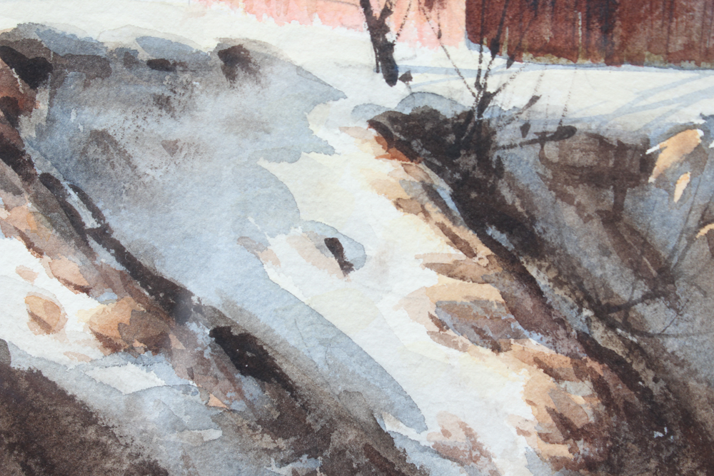 Robert Brubaker Watercolor Winter Barn Scene