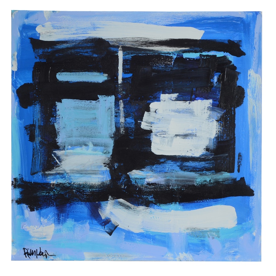 Robbie Kemper Abstract Acrylic Painting "Blue, Black, White Squares"