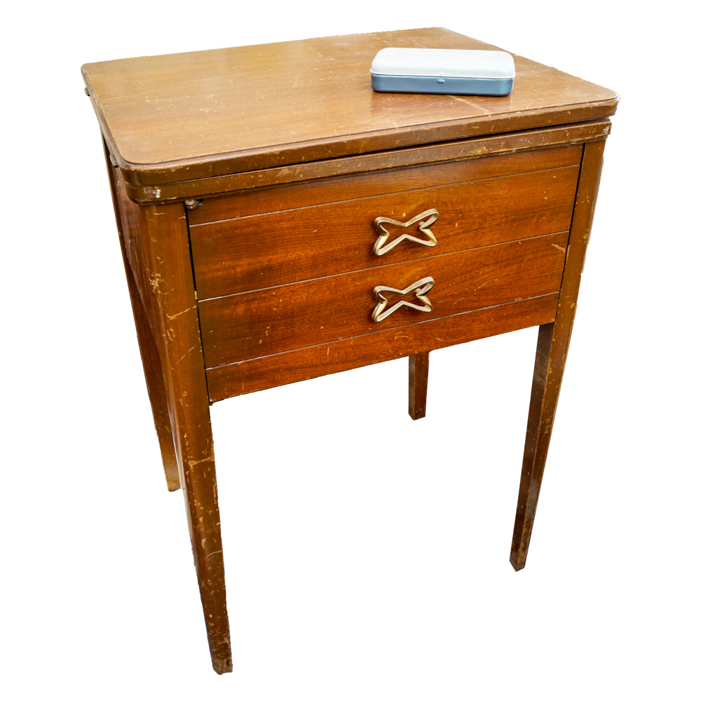 Vintage White Sewing Machine with Cabinet