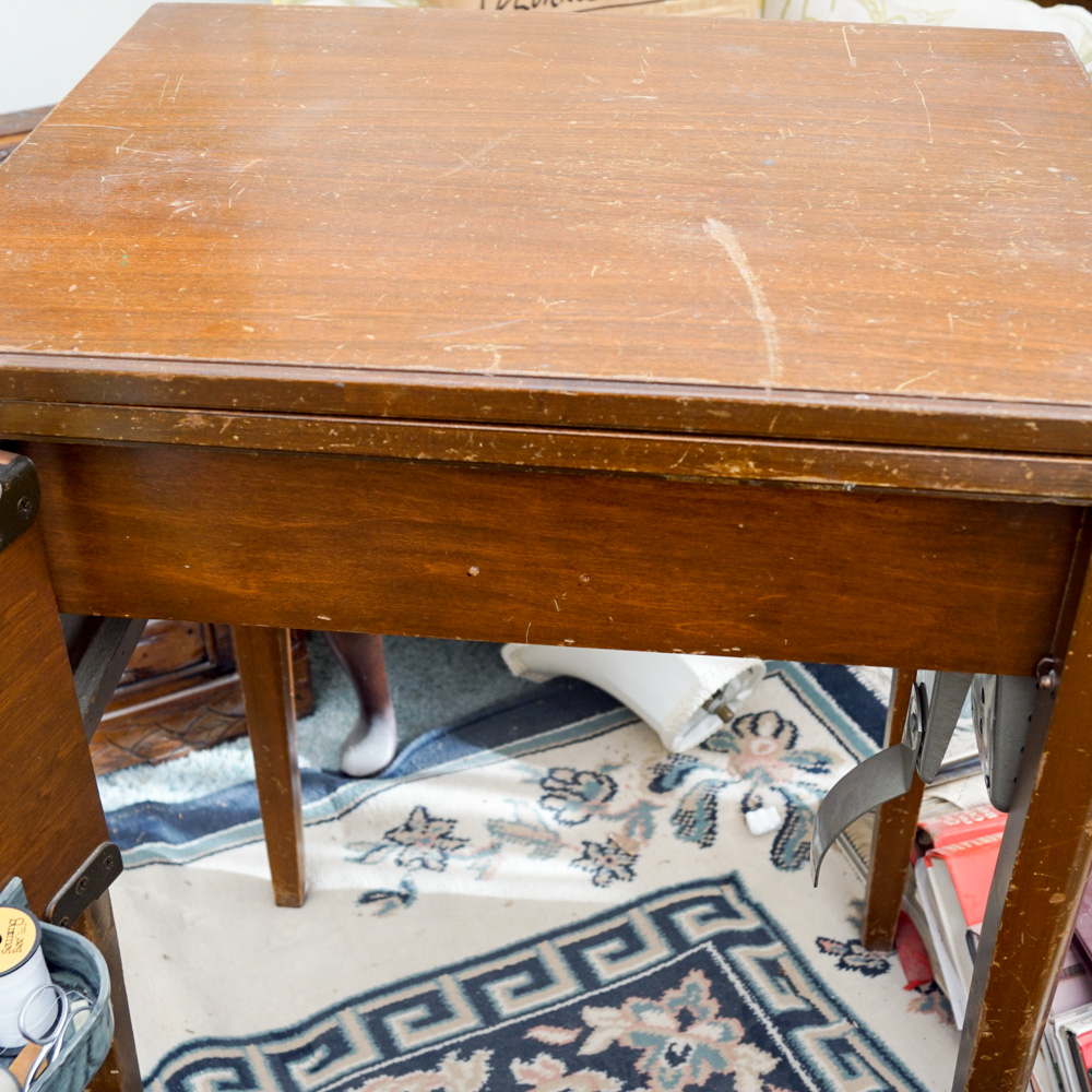 Vintage White Sewing Machine with Cabinet