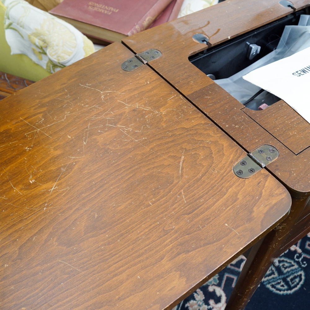Vintage White Sewing Machine with Cabinet