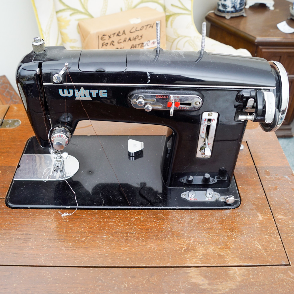 Vintage White Sewing Machine with Cabinet