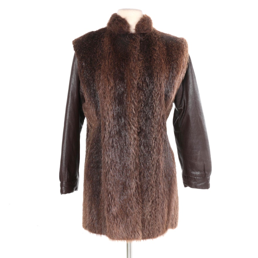 Women's Brown Leather and Muskrat Fur Coat