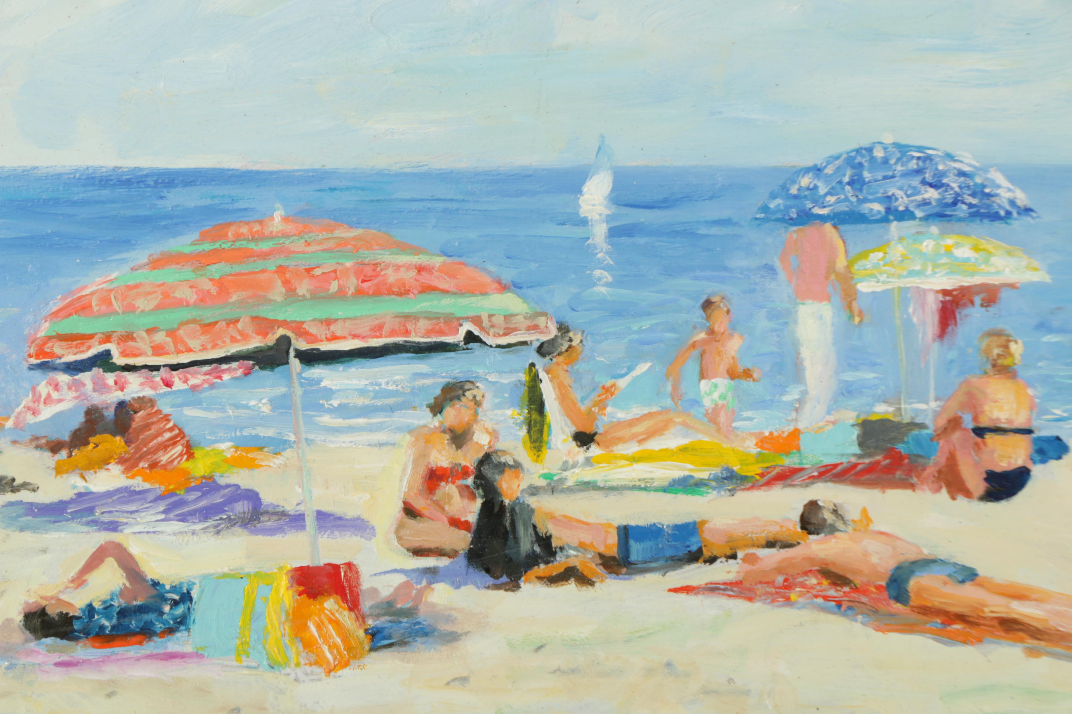 Nino Pippa Oil Painting on Board "French Riviera Beach Scene"