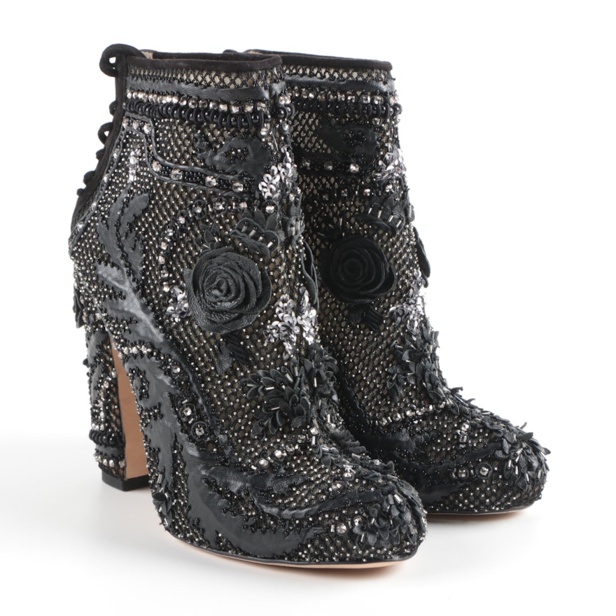 Marchesa Black Beaded and Leather High Heeled Ankle Boot