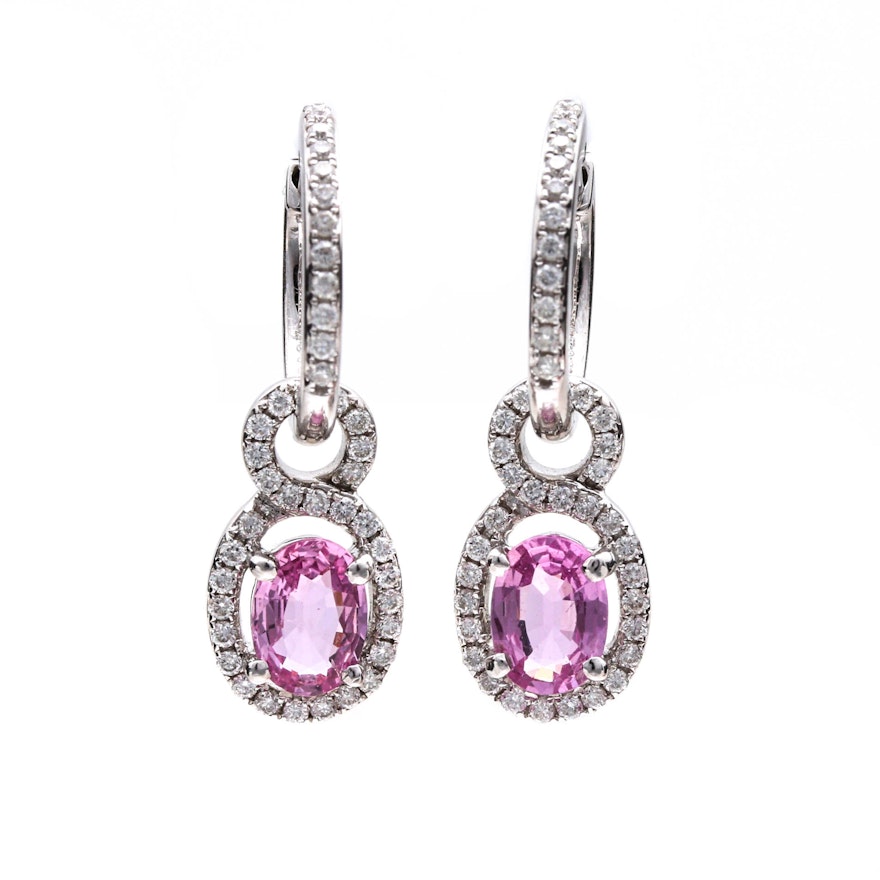 18K White Gold Pink Sapphire and Diamond Dangle Earrings