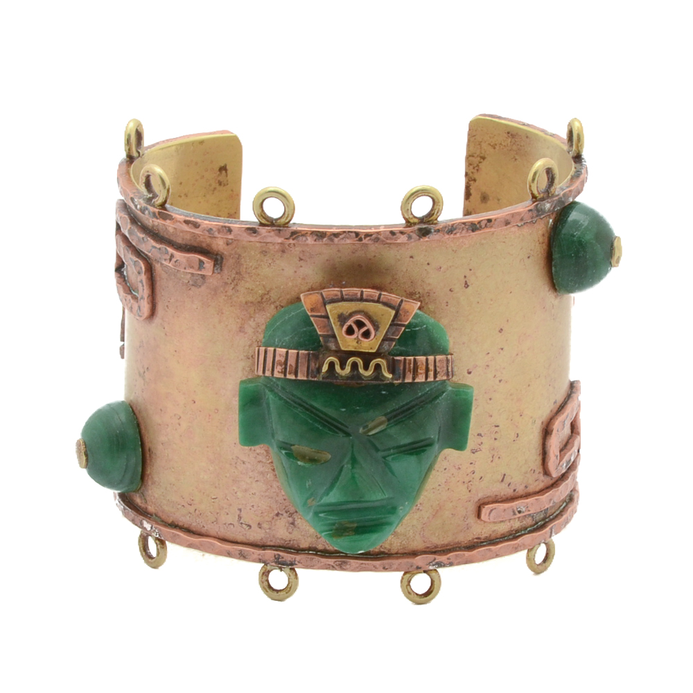 Large Copper and Brass Mayan Inspired Cuff Bracelet