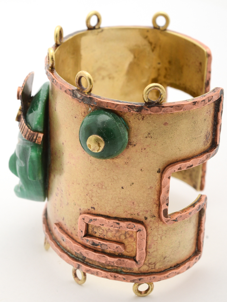 Large Copper and Brass Mayan Inspired Cuff Bracelet