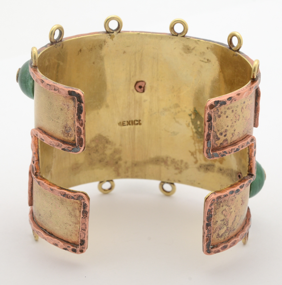 Large Copper and Brass Mayan Inspired Cuff Bracelet