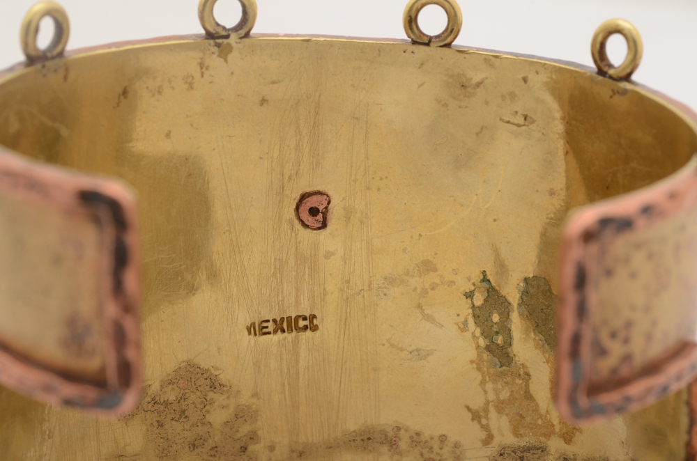 Large Copper and Brass Mayan Inspired Cuff Bracelet