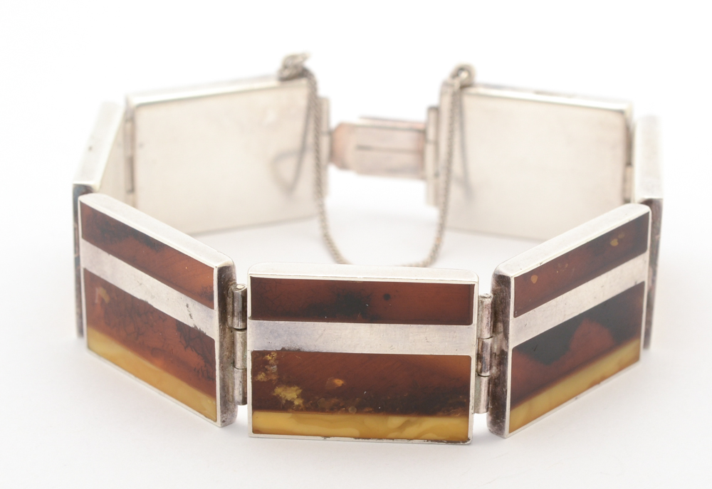 Vintage Amber Inlay Sterling Silver Bracelet and Ring