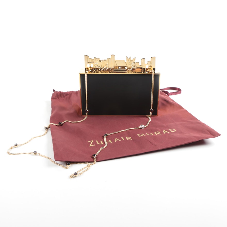 Zuhair Murad Black Leather Box Clutch with Gold Tone Accents