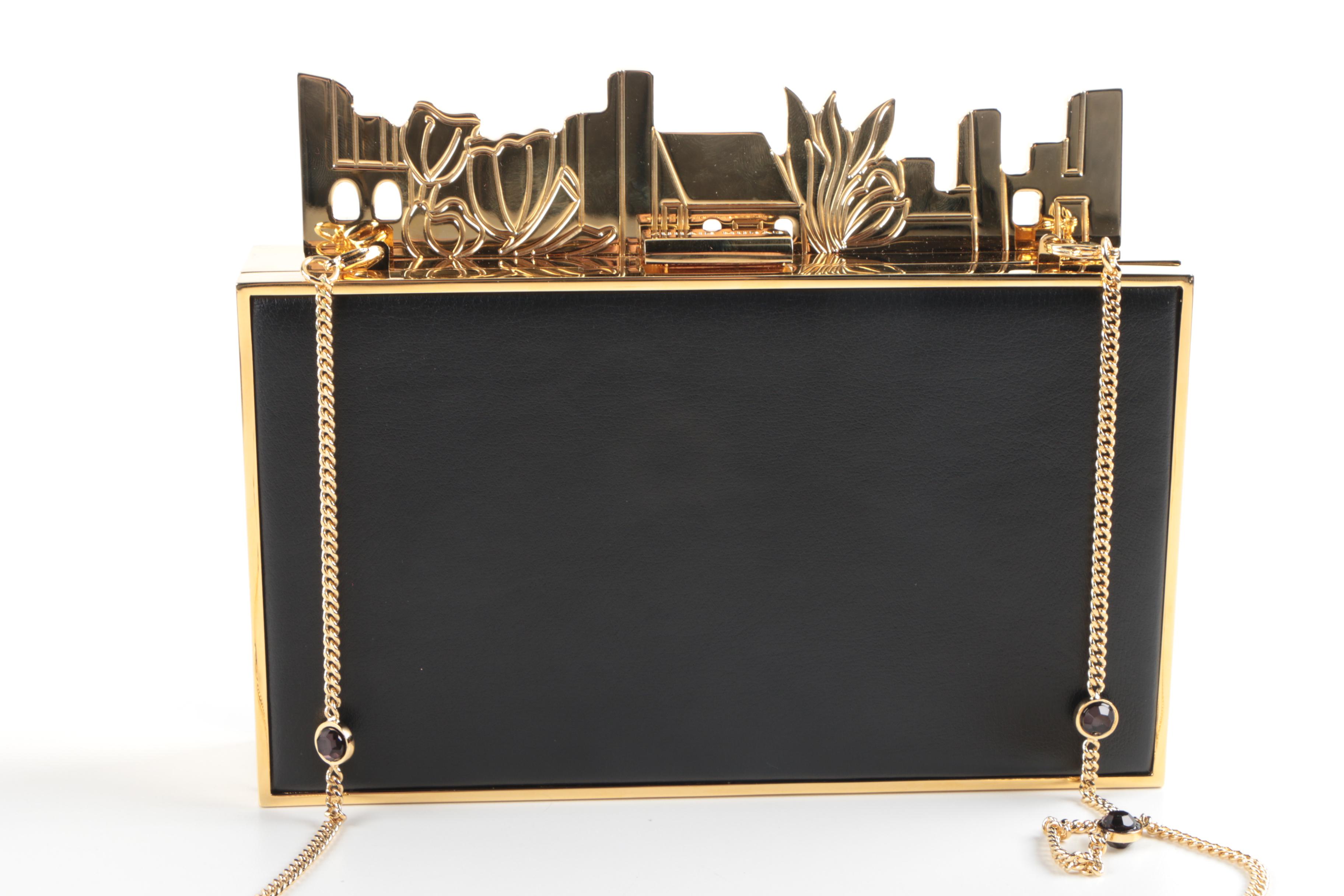 Zuhair Murad Black Leather Box Clutch with Gold Tone Accents