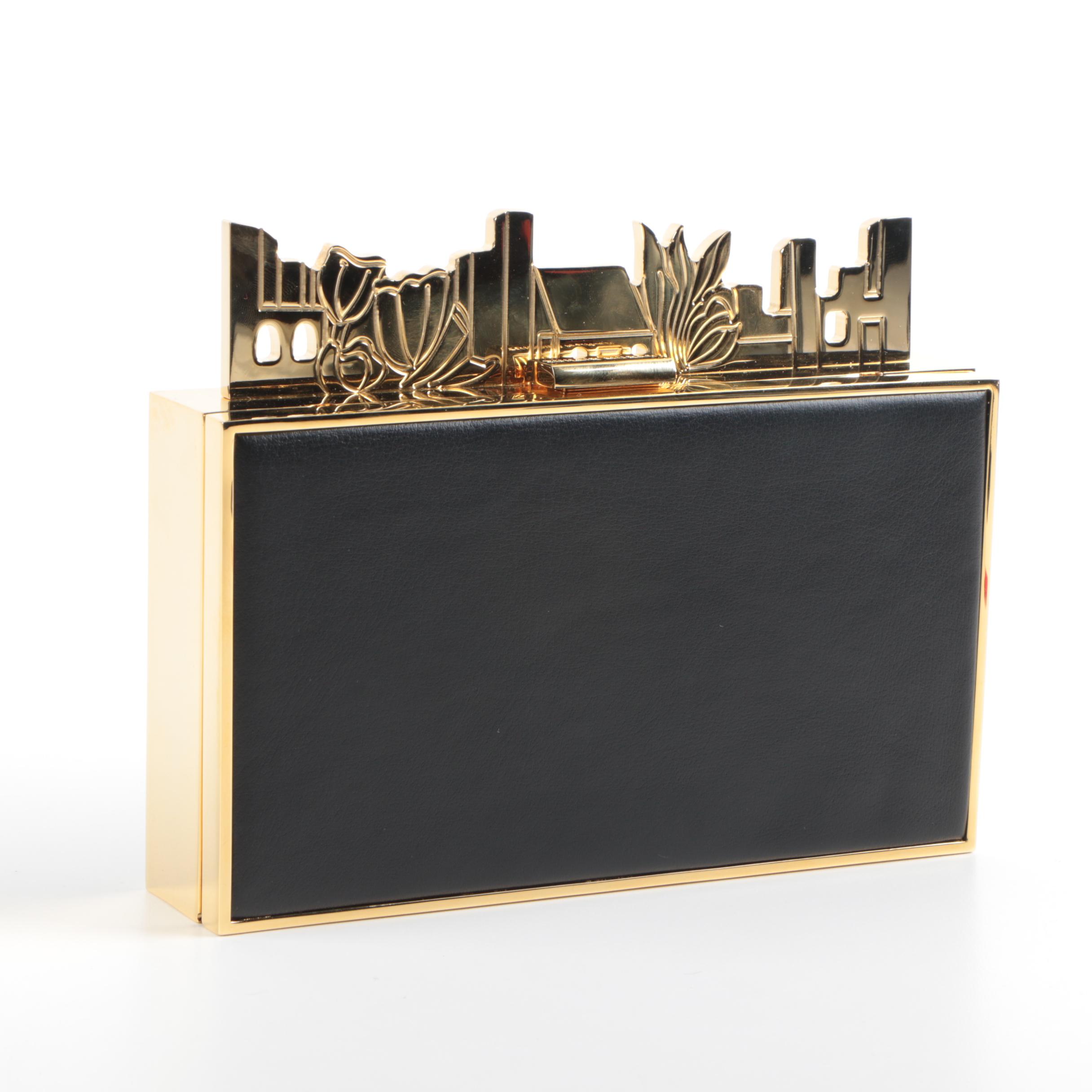 Zuhair Murad Black Leather Box Clutch with Gold Tone Accents