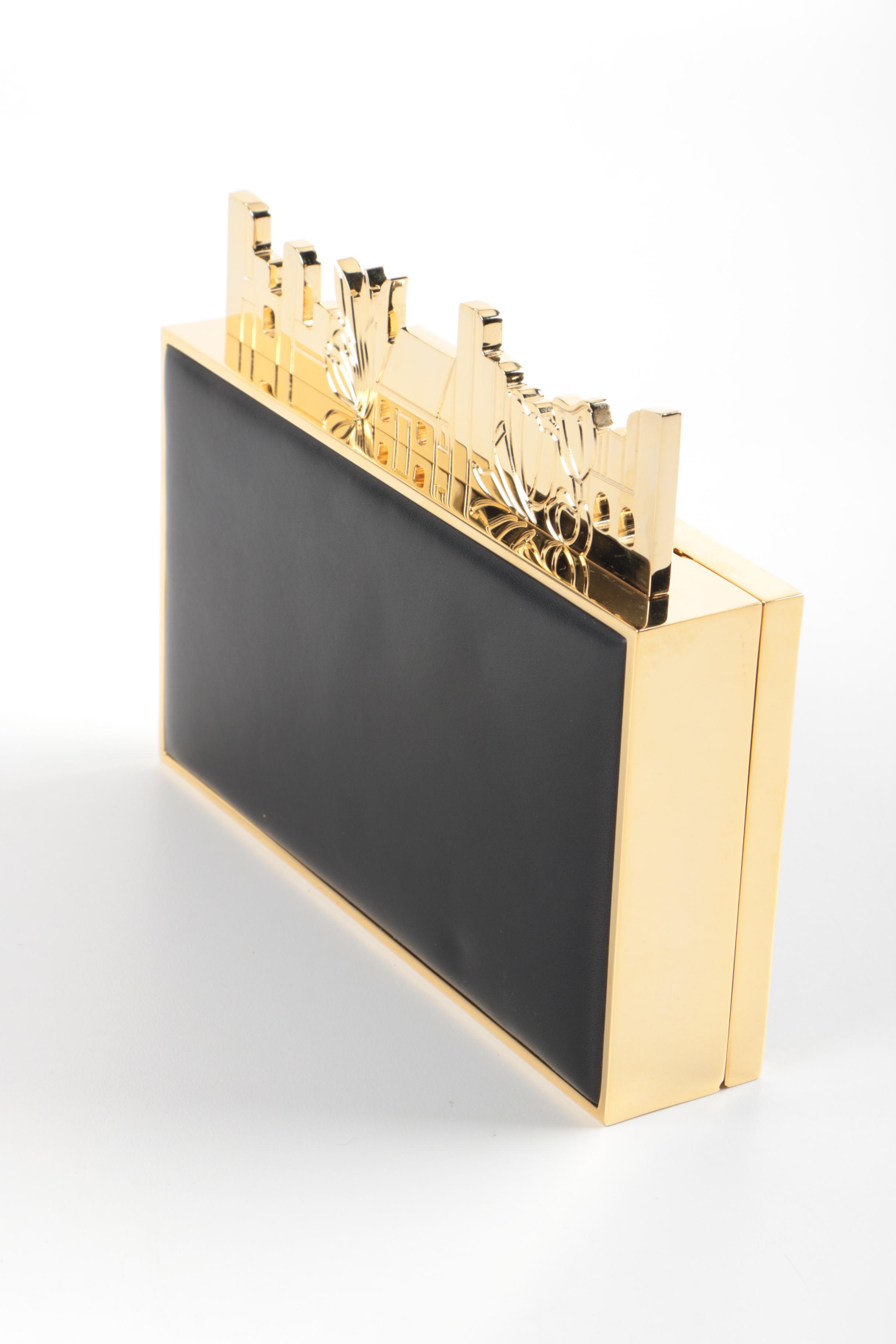 Zuhair Murad Black Leather Box Clutch with Gold Tone Accents
