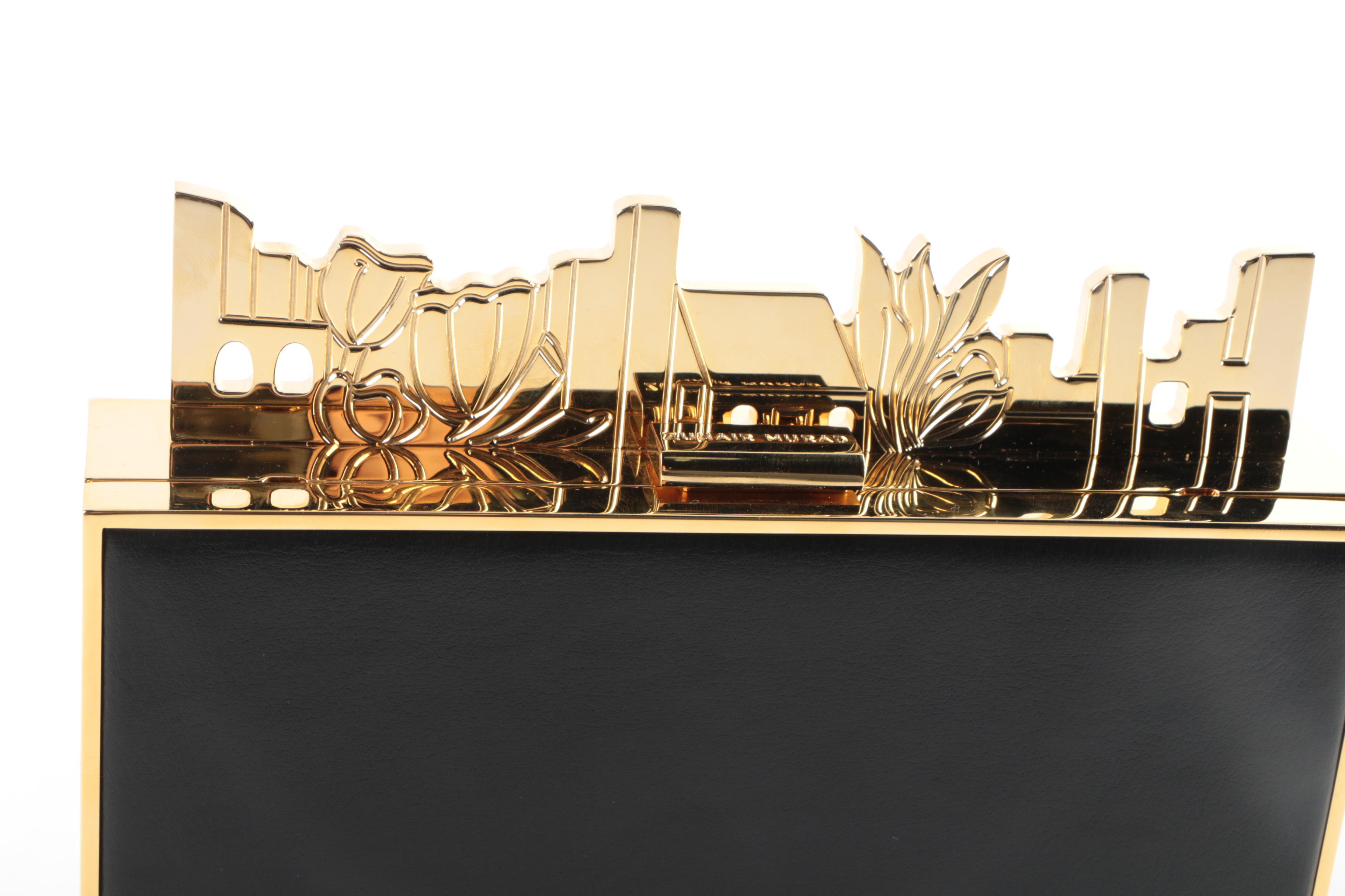 Zuhair Murad Black Leather Box Clutch with Gold Tone Accents