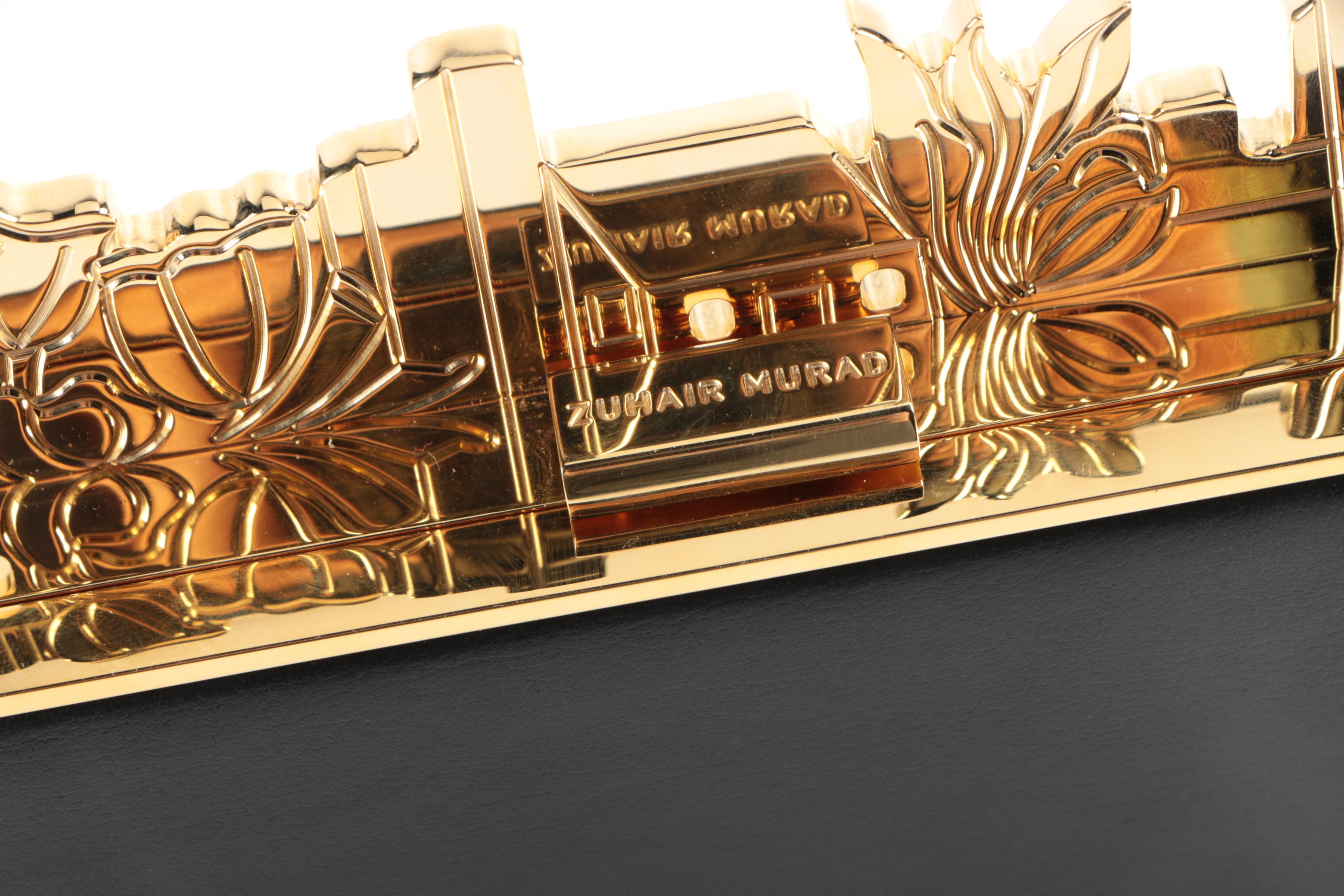 Zuhair Murad Black Leather Box Clutch with Gold Tone Accents