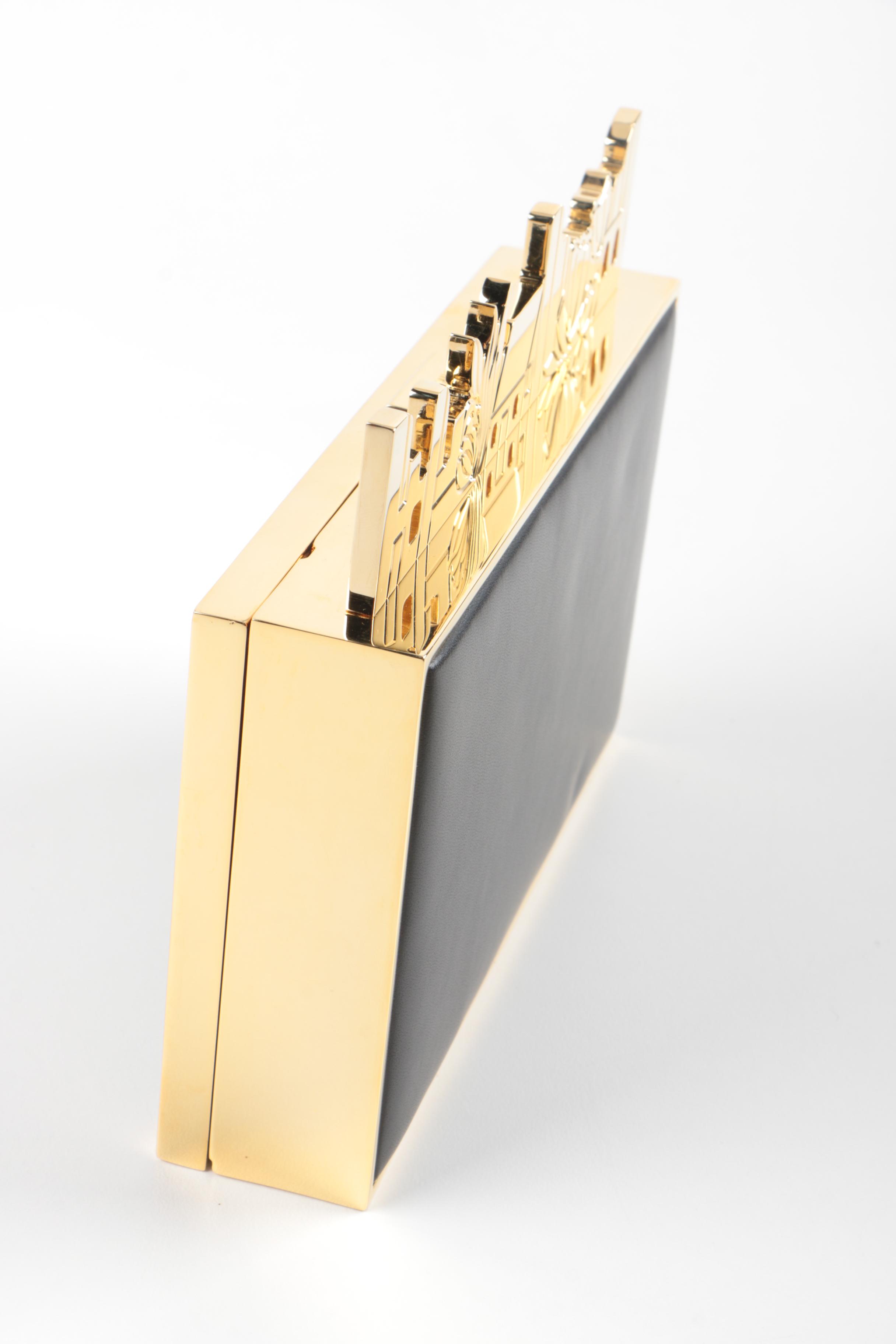 Zuhair Murad Black Leather Box Clutch with Gold Tone Accents