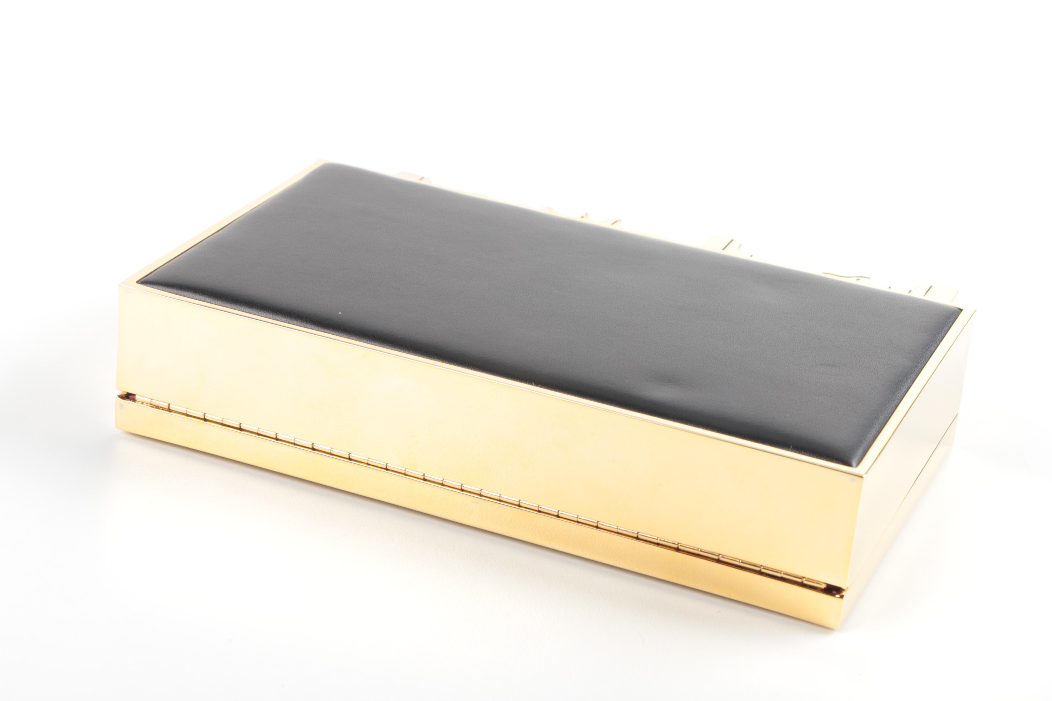 Zuhair Murad Black Leather Box Clutch with Gold Tone Accents