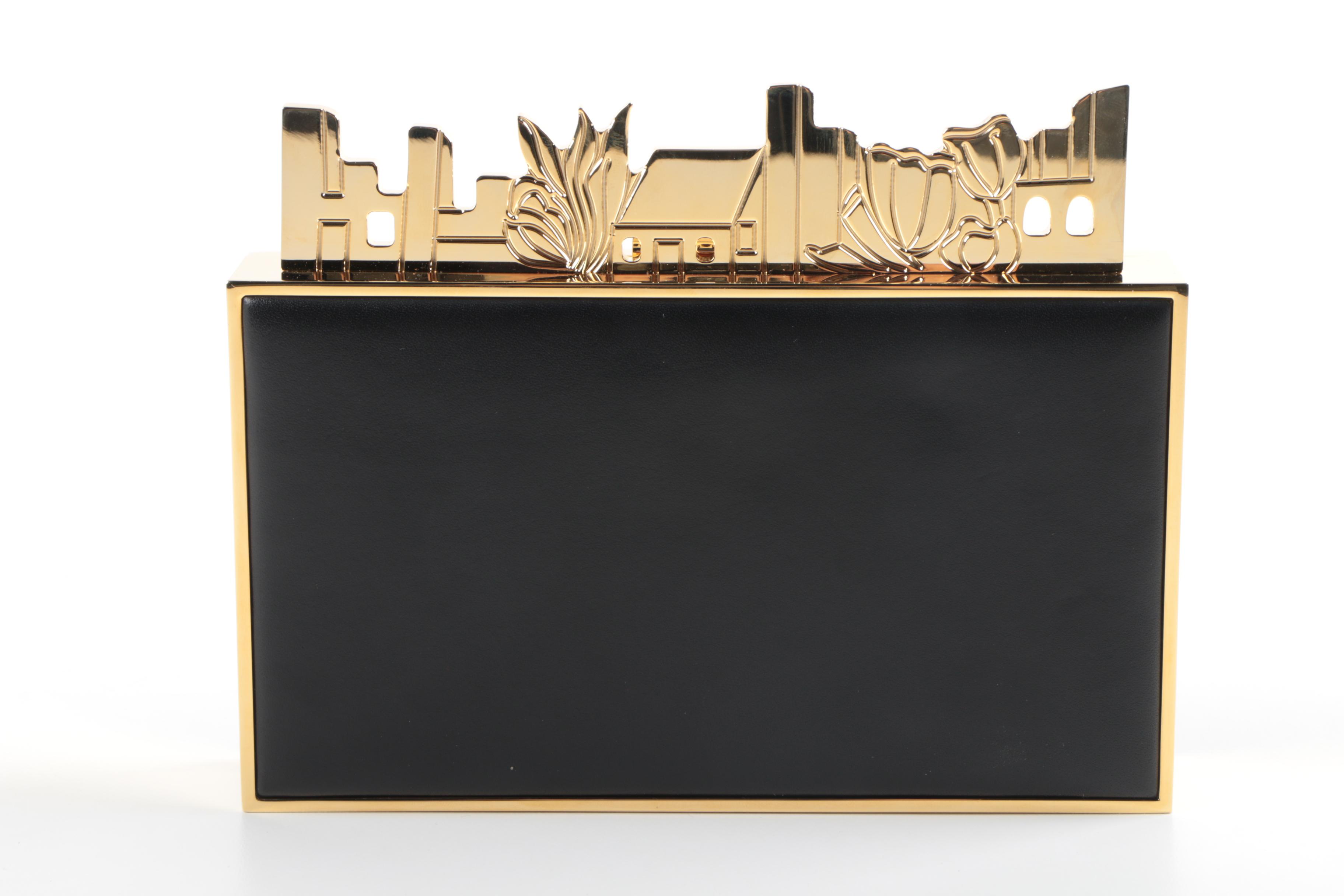 Zuhair Murad Black Leather Box Clutch with Gold Tone Accents