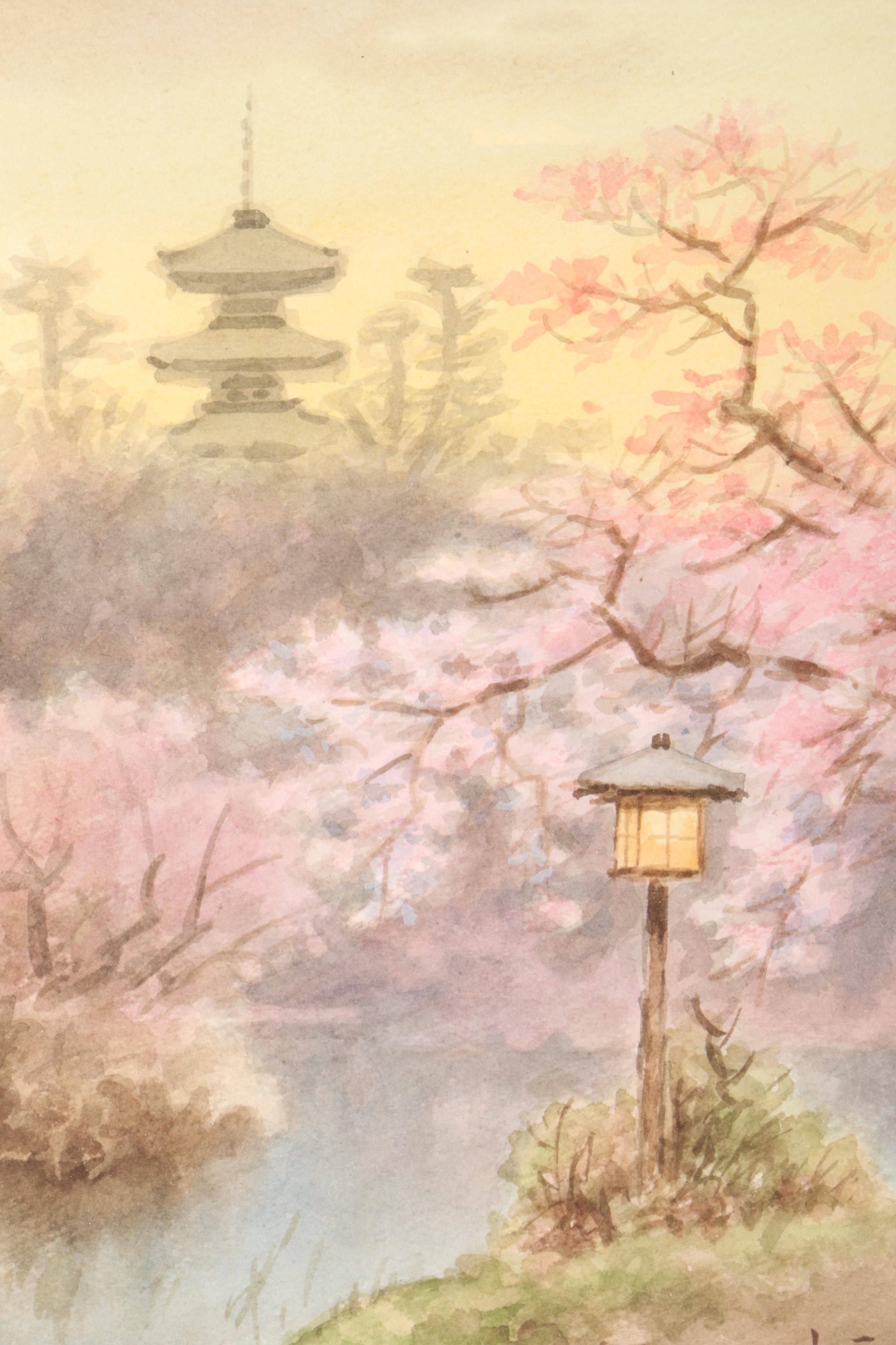 East Asian Style Watercolor Painting on Paper of Wooded Scene