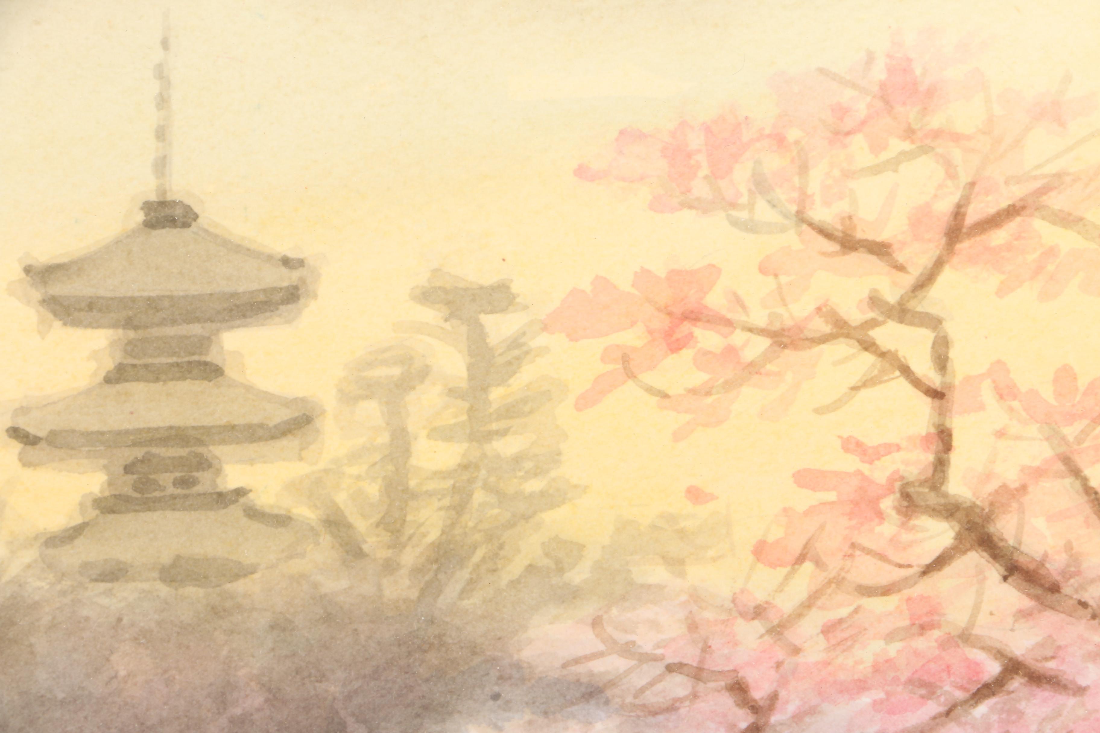 East Asian Style Watercolor Painting on Paper of Wooded Scene