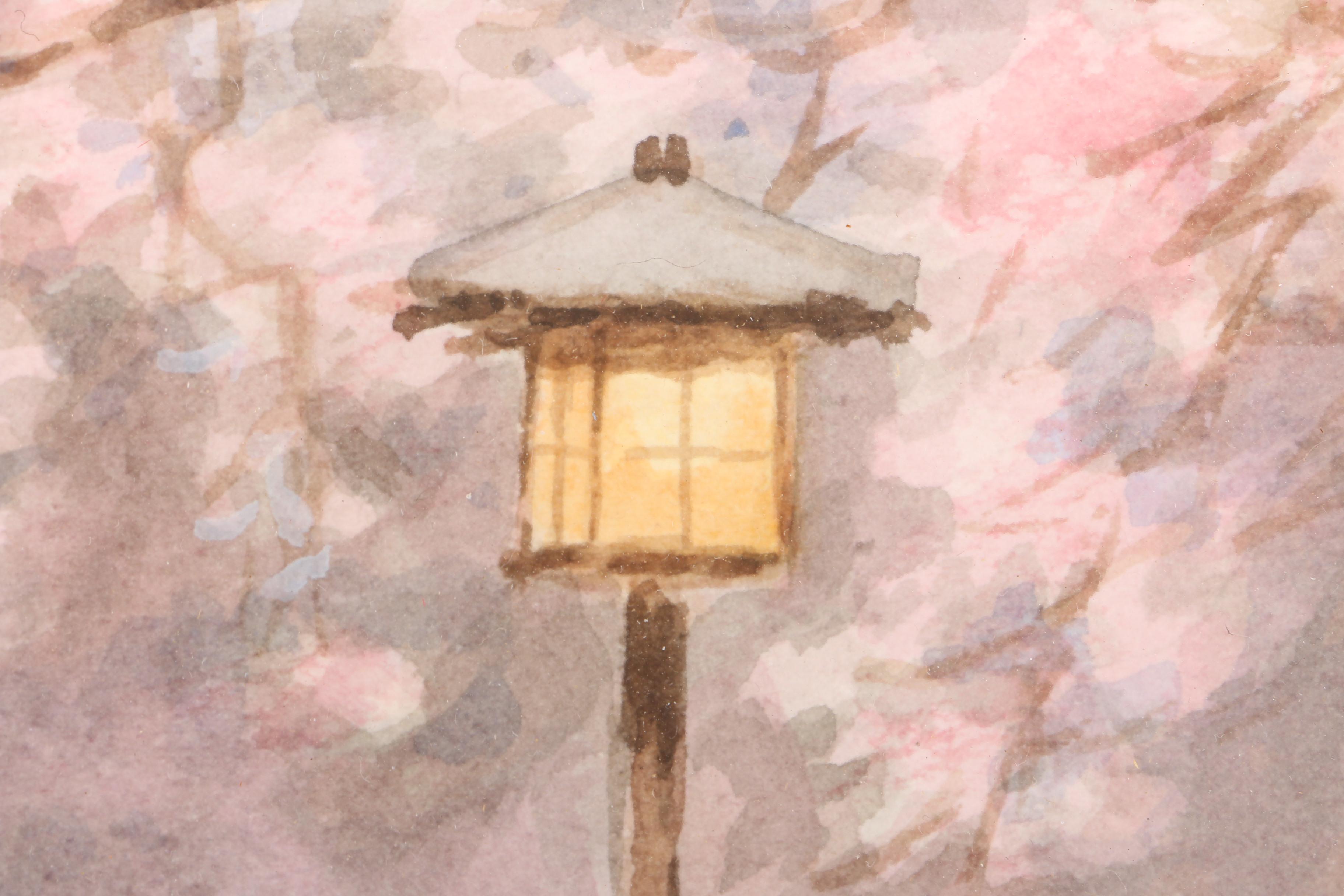 East Asian Style Watercolor Painting on Paper of Wooded Scene