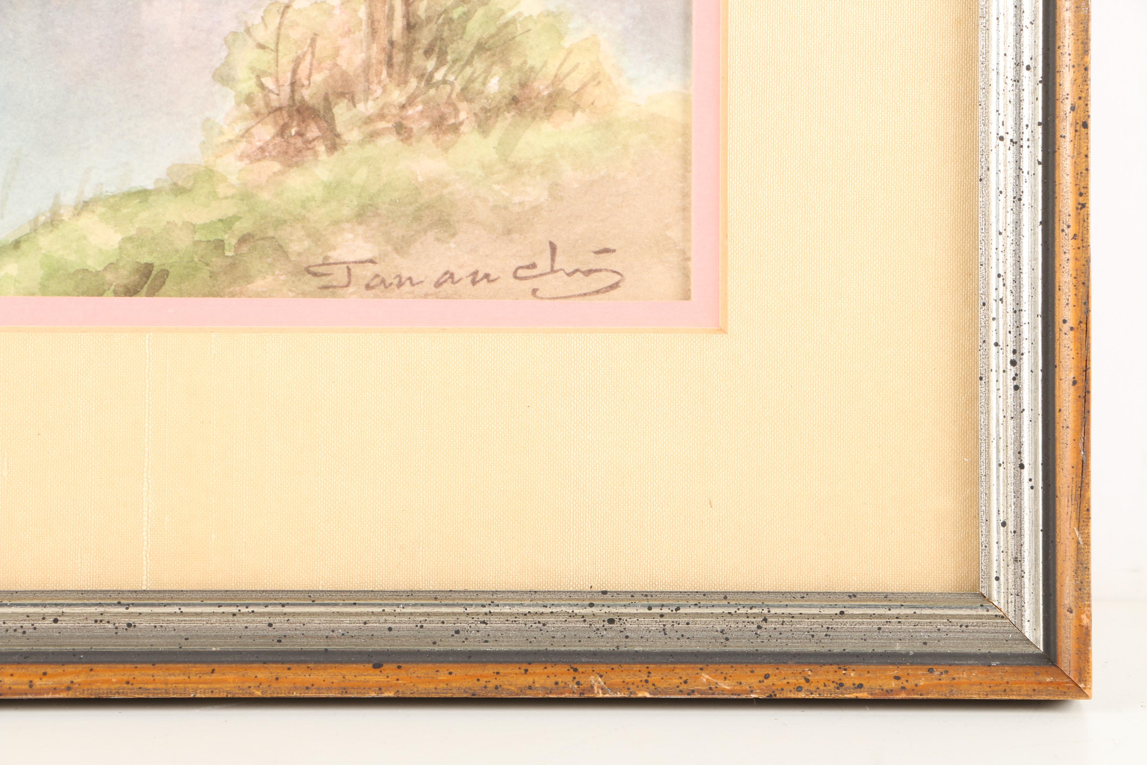 East Asian Style Watercolor Painting on Paper of Wooded Scene