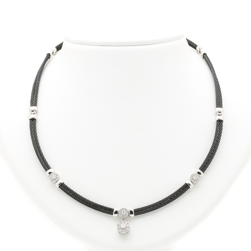 Charriol "Celtic Noir" 18K White Gold and Steel Diamond Necklace