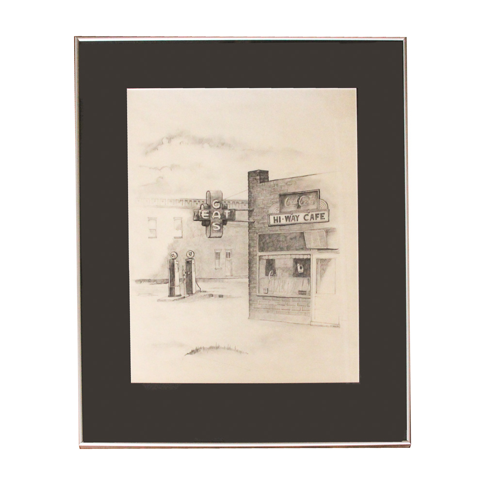 Walker 1982 Graphite Drawing on Paper of Roadside Cafe