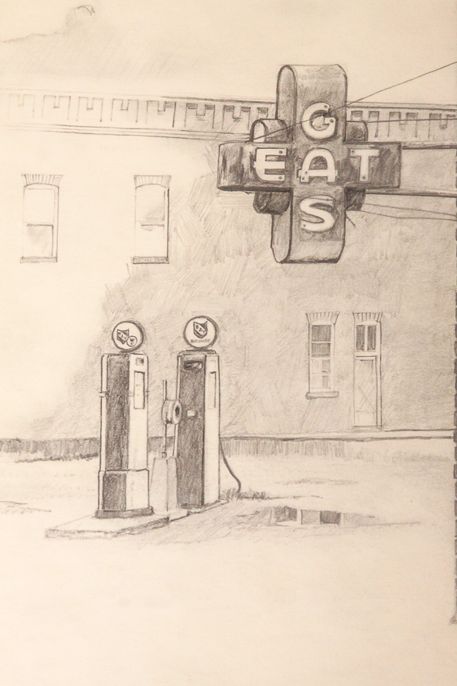 Walker 1982 Graphite Drawing on Paper of Roadside Cafe