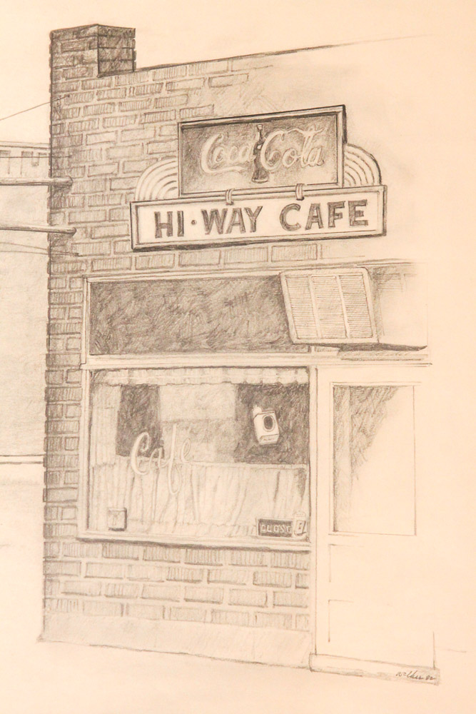 Walker 1982 Graphite Drawing on Paper of Roadside Cafe