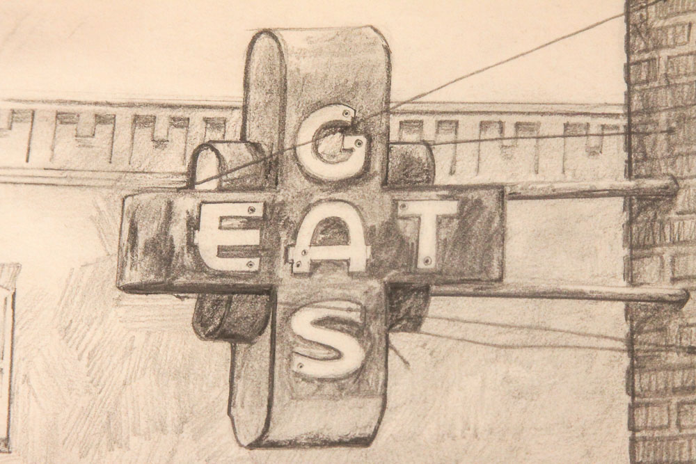 Walker 1982 Graphite Drawing on Paper of Roadside Cafe