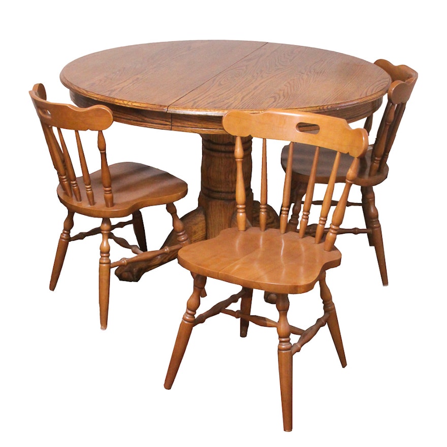 Vintage Farmhouse Style Oak Pedestal Table with Chairs