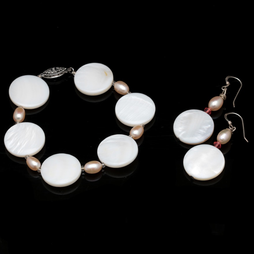 Sterling Silver Mother of Pearl and Cultured Pearl Bracelet and Earring Ensemble