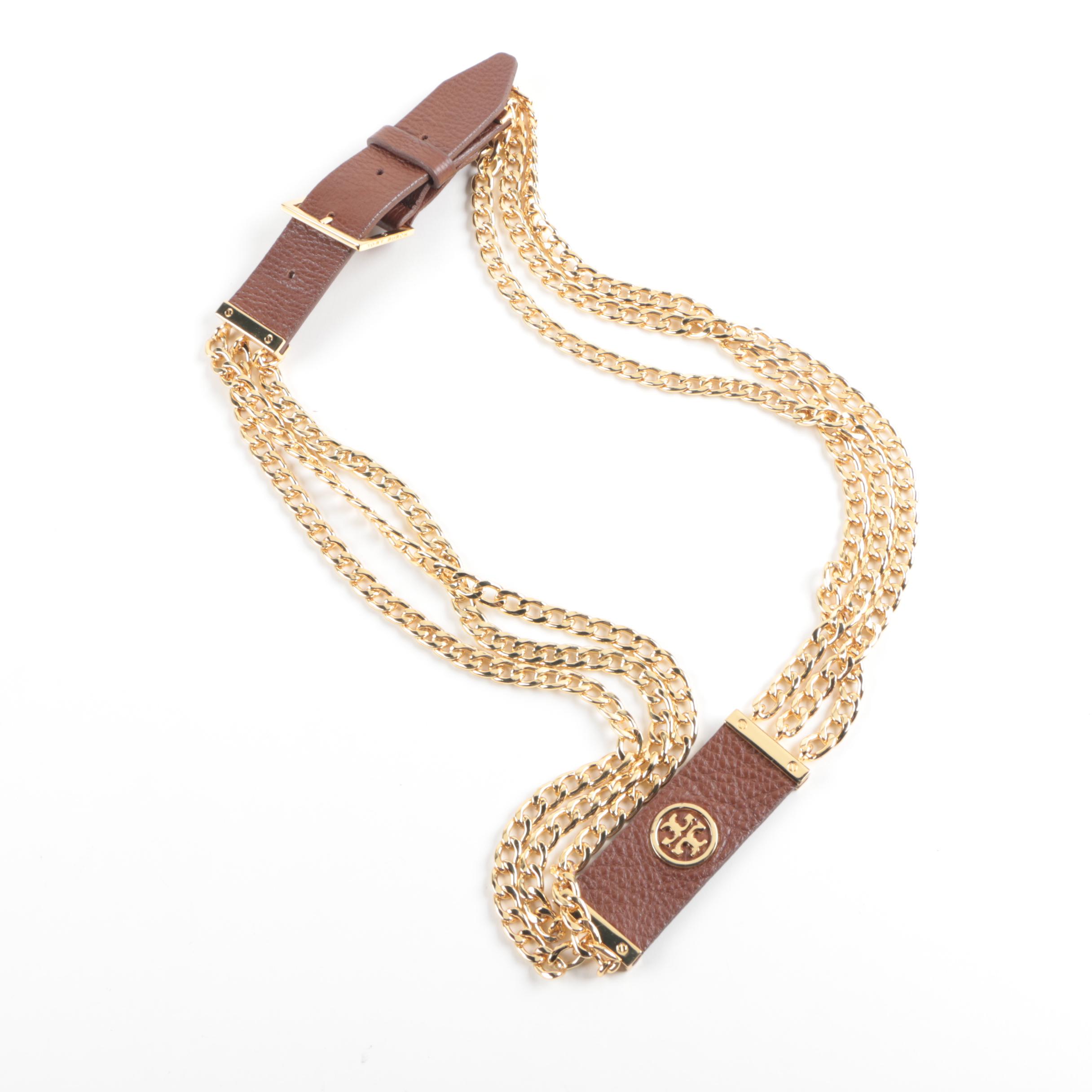 Tory Burch Brown Leather and Gold Tone Chain Belt