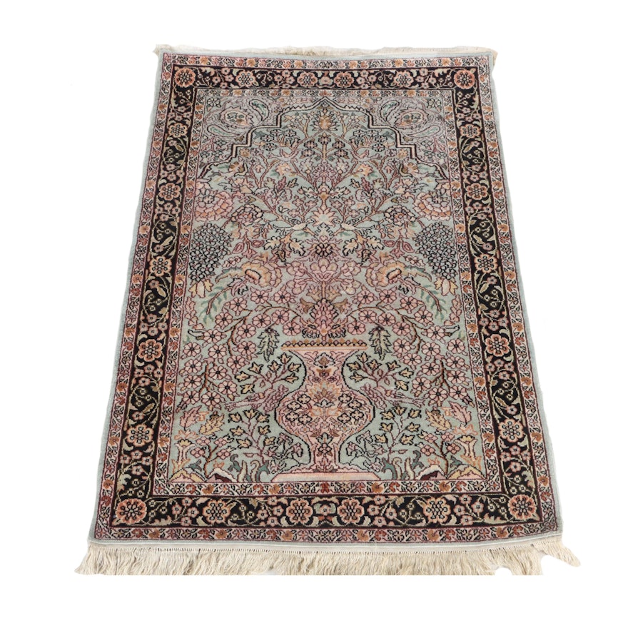 Hand-Knotted Indo-Persian Art Silk Kerman-Style Prayer Rug