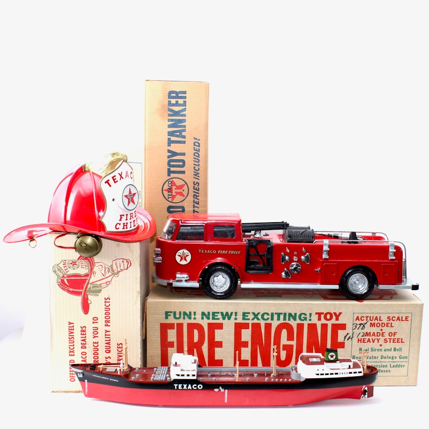 Vintage Texaco Fire Truck, Fire Hat, and Fuel Boat Replica