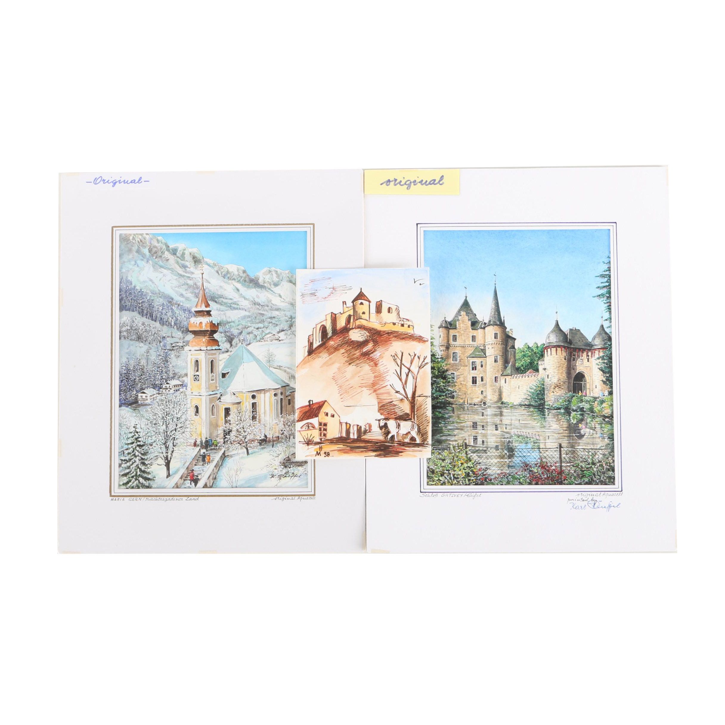 Karl G. Scheffel Gouache Paintings of Castles