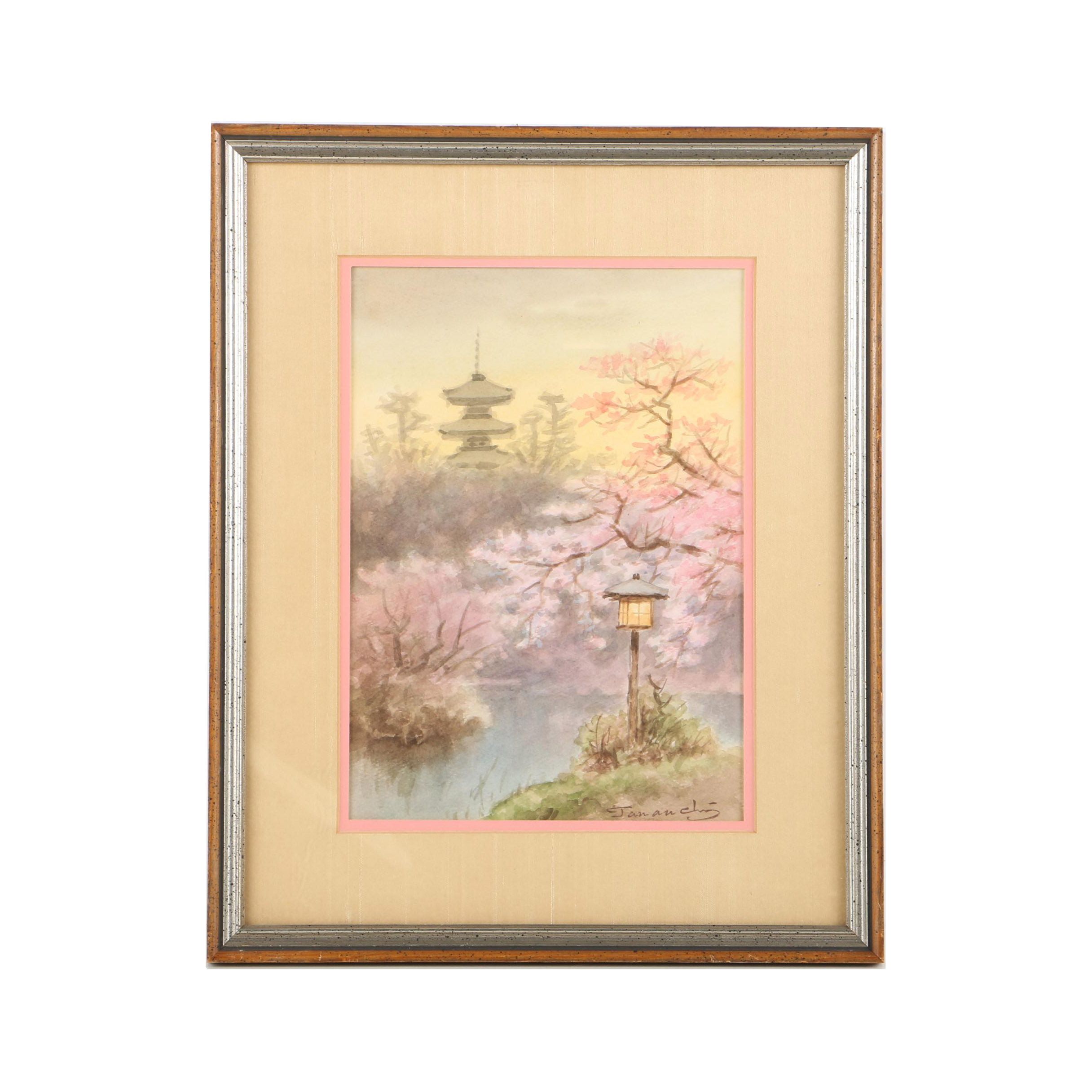 East Asian Style Watercolor Painting on Paper of Wooded Scene