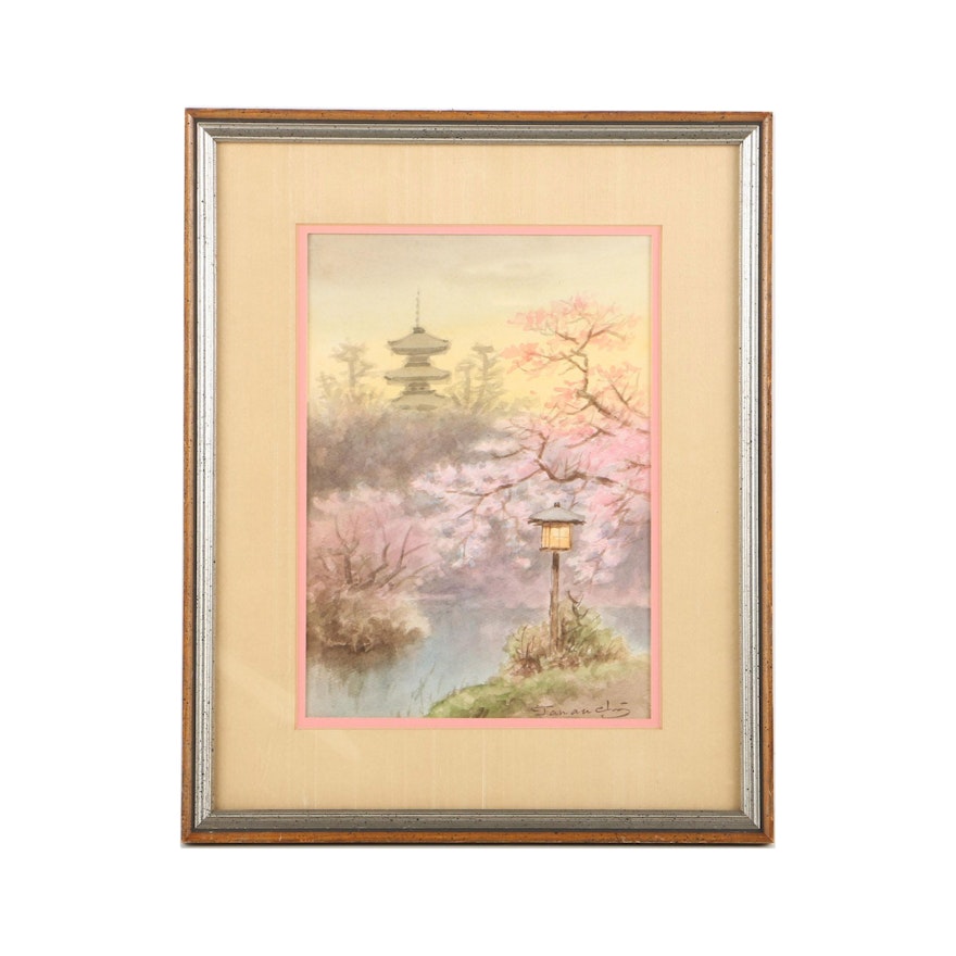 East Asian Style Watercolor Painting on Paper of Wooded Scene