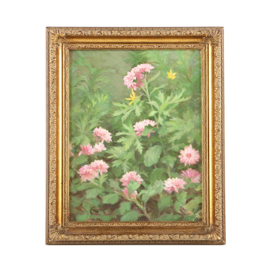 Holly Hope Banks Oil Painting on Canvas of Greenery with Pink Flowers