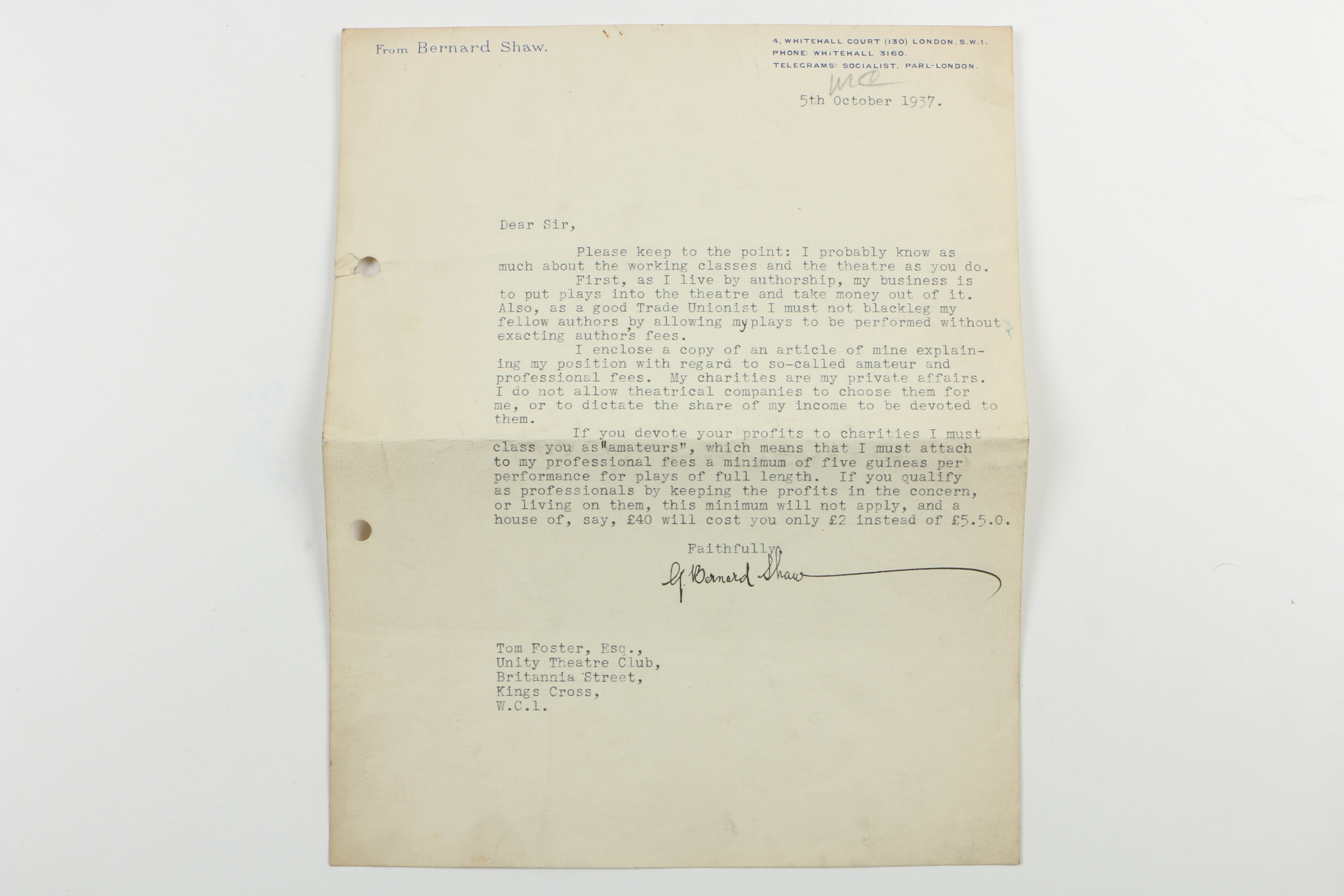 Photo of George Bernard Shaw and Herbert Marshall with Letter