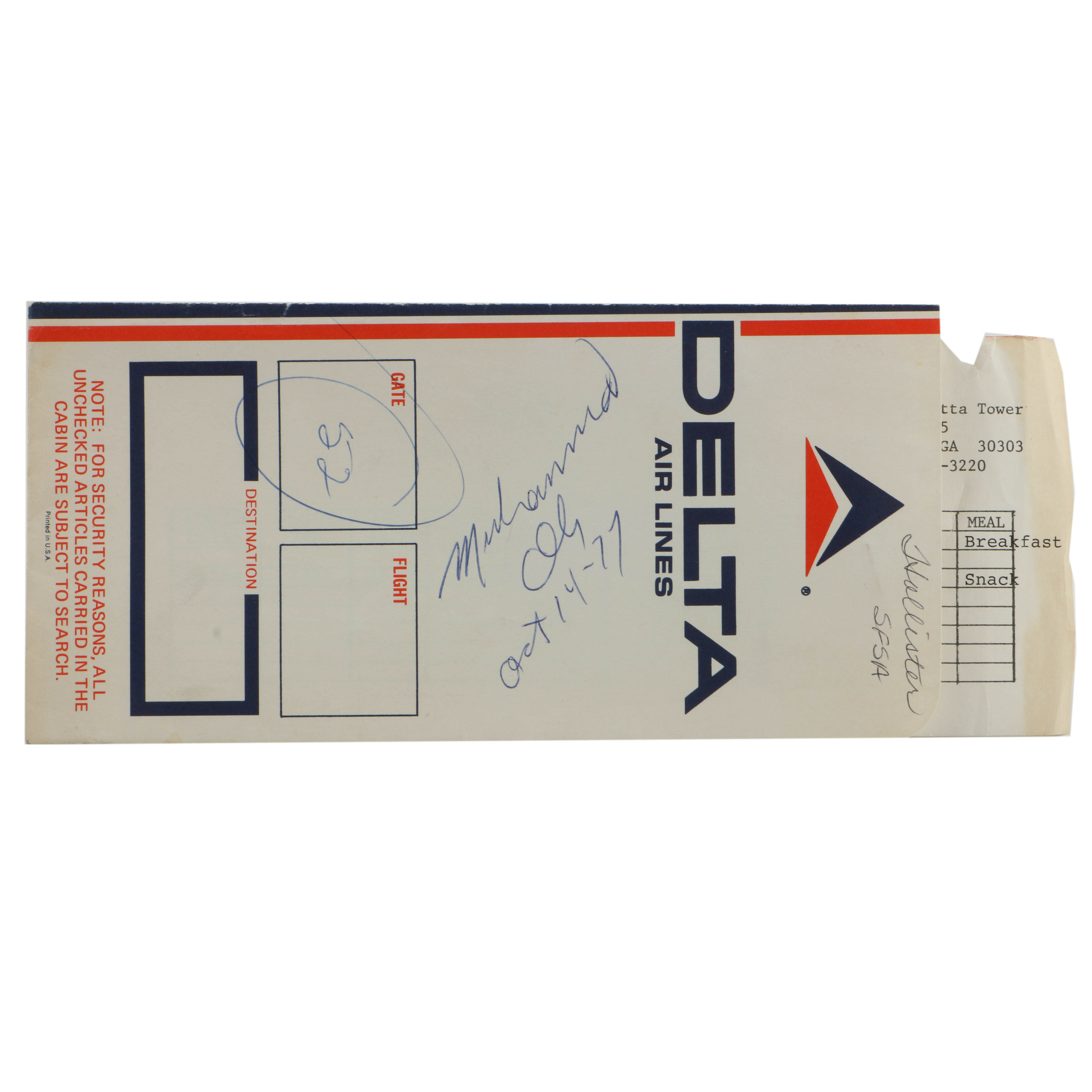 Muhammad Ali 1977 Autograph on Delta Airlines Ticket